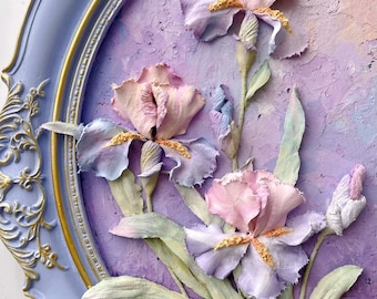 Iris Relief Wall Art | Original 3D Floral Painting | Handmade Textured Flower Art | Vintage Frame Home Decor | Pastel Purple Artwork 39x35