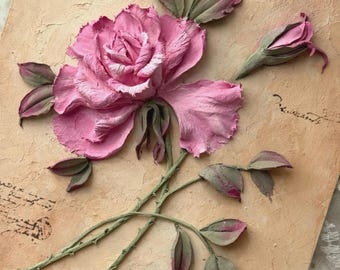 Vintage Rose Love Letter Relief Painting on Wood Panel, 3D Floral Wall Art, Handmade Romantic Decor (21x30cm)