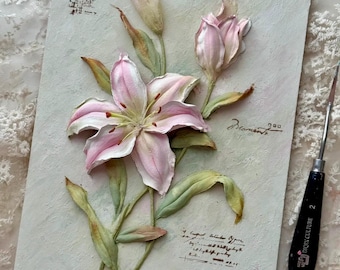 3D Lily Wall Art, Sculptural Paste Floral Painting, Handmade Textured Flower Artwork, Pastel Botanical Relief Art, Elegant Home Decor Gift