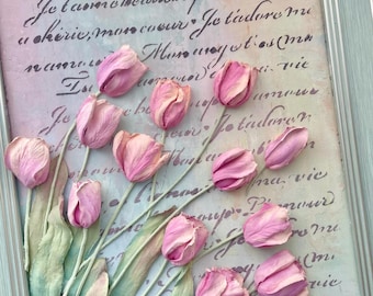 3D Tulip Floral Relief Wall Art,Sculptural Paste Flower Painting,Pink Tulip Textured Artwork,Romantic French Vintage Decor,Housewarming Gift