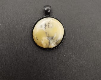 Dendritic Opal Yellow Pendant with Vug on Bezel