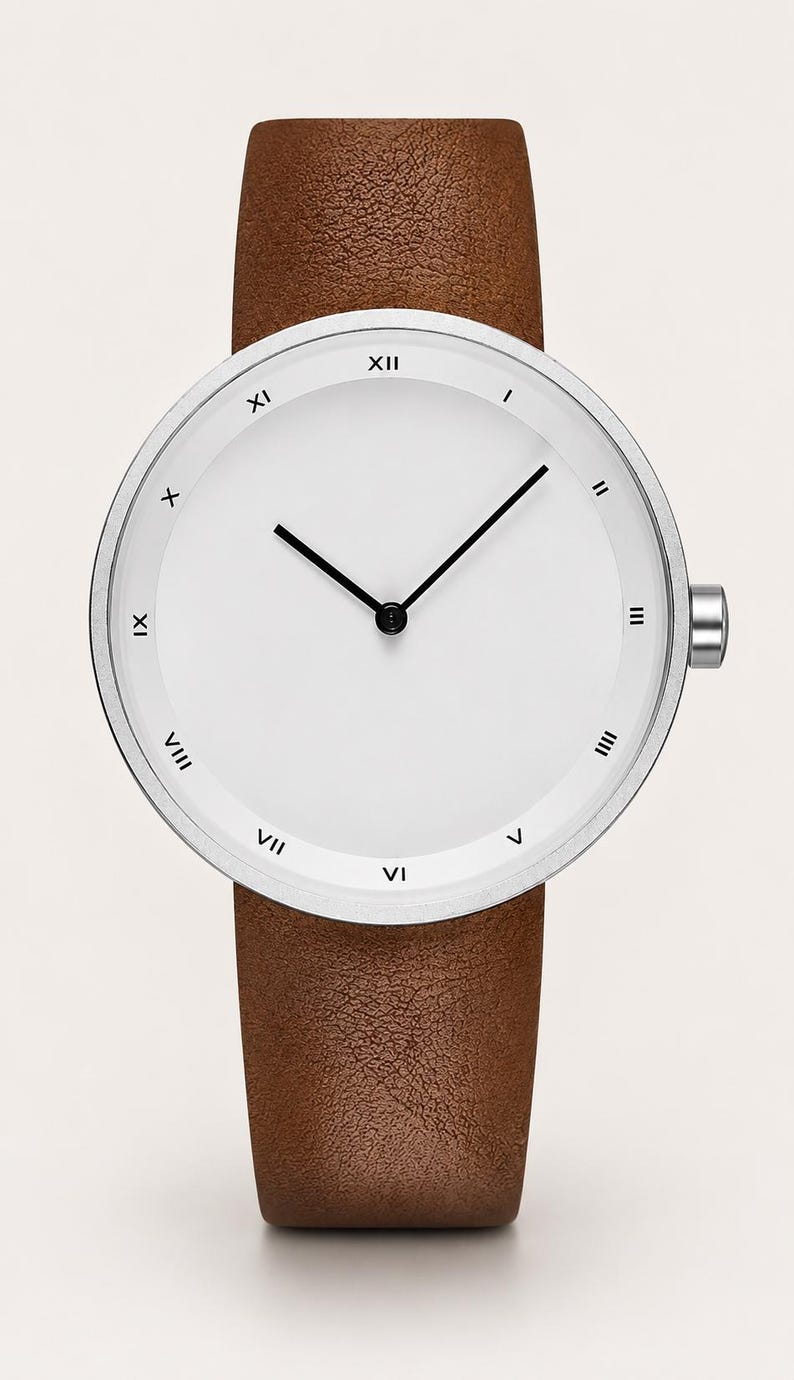 May include: A wristwatch with a silver-toned circular case and a plain white dial. The dial features black Roman numerals from I to XII around the inner edge. It has two thin black hands and a brown textured leather strap with a silver crown.