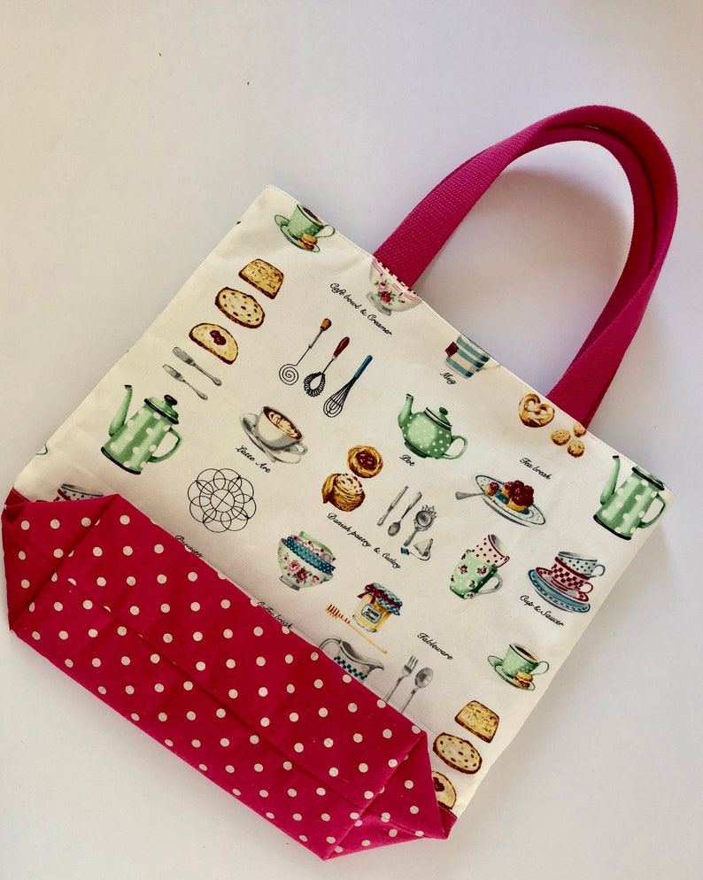 European food print tote bag with hot pink shoulder straps and polka dot square bottom-THE RUTHIE Roomy