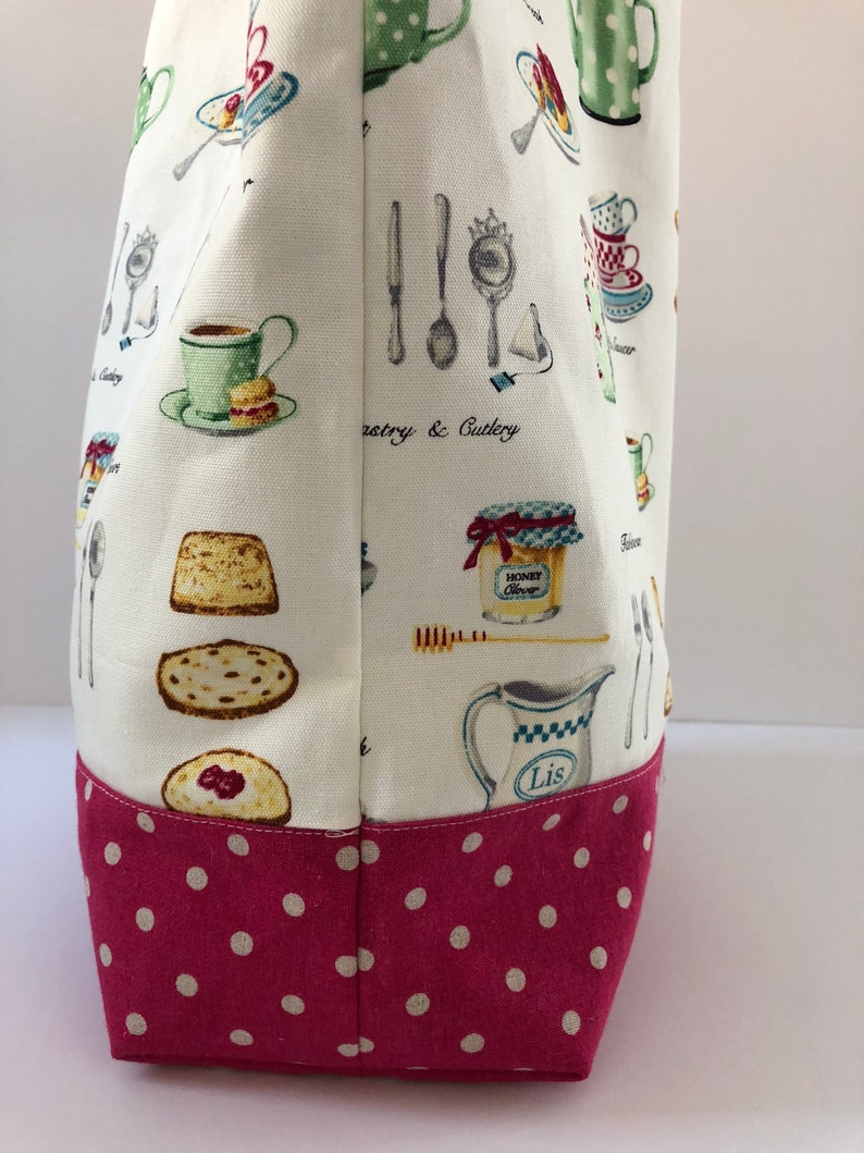 European food print tote bag with hot pink shoulder straps and polka dot square bottom-THE RUTHIE Roomy