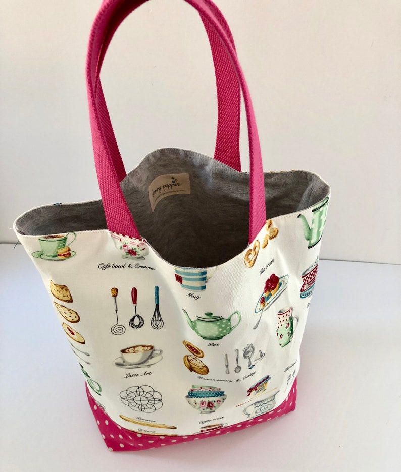 European food print tote bag with hot pink shoulder straps and polka dot square bottom-THE RUTHIE Roomy