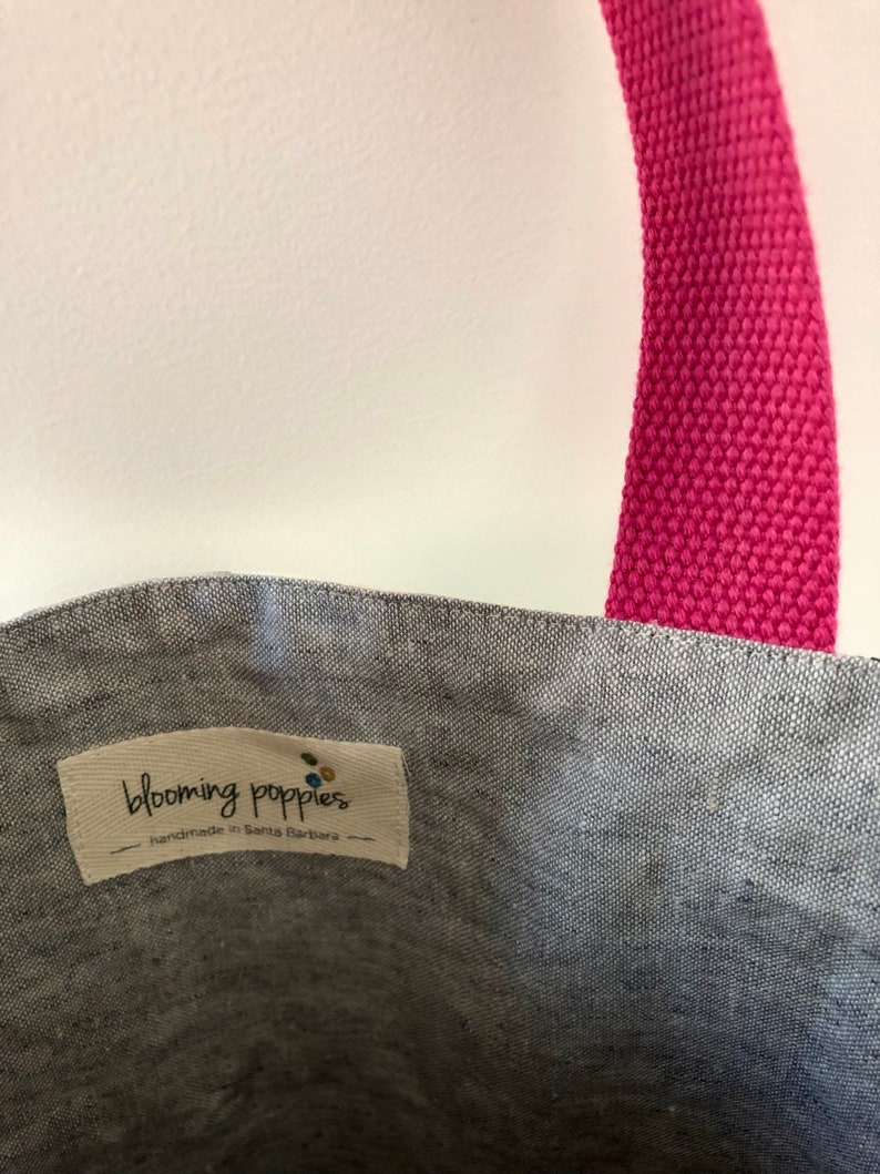 European food print tote bag with hot pink shoulder straps and polka dot square bottom-THE RUTHIE Roomy
