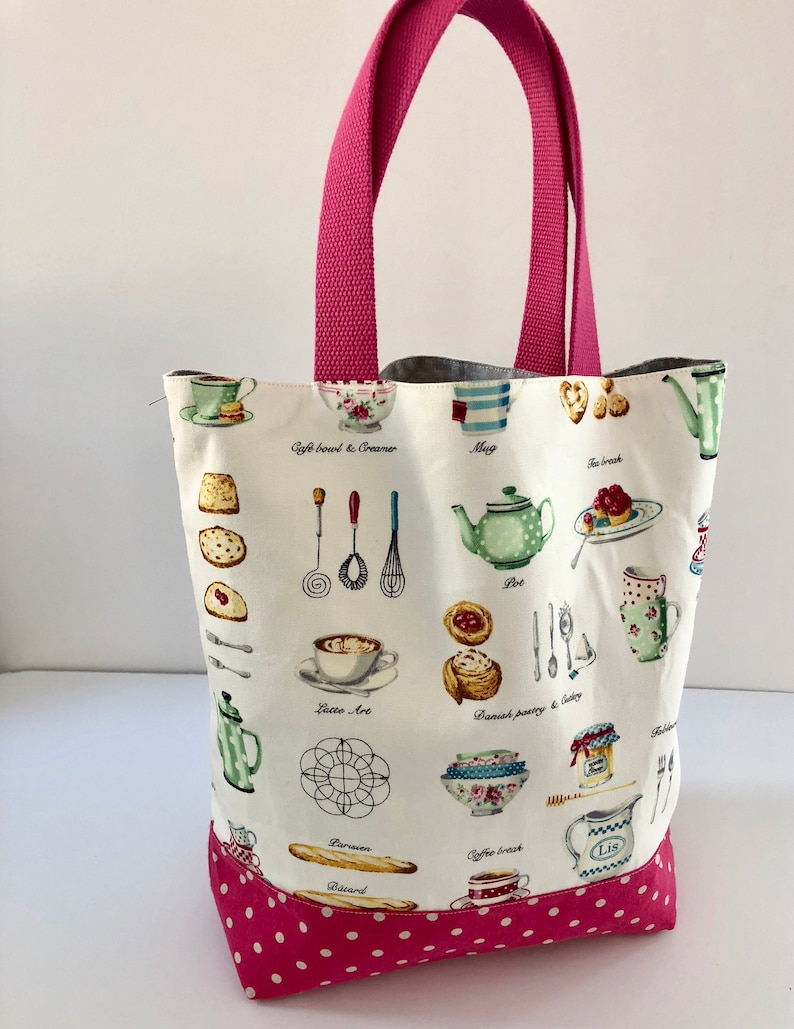 European food print tote bag with hot pink shoulder straps and polka dot square bottom-THE RUTHIE Roomy