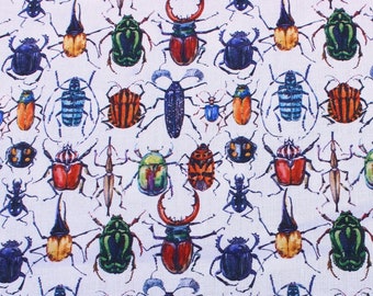 Rose and Hubble cotton fabric, mini beasts insects beetles printed cotton, non-stretch woven cotton, UK sewing supplies dressmaking, bunting