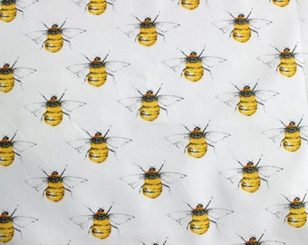 Bees fabric, white bumble bee cotton fabric, white bees quilting cotton fabric, Rose and hubble bees fabric cotton poplin, UK sewing shop
