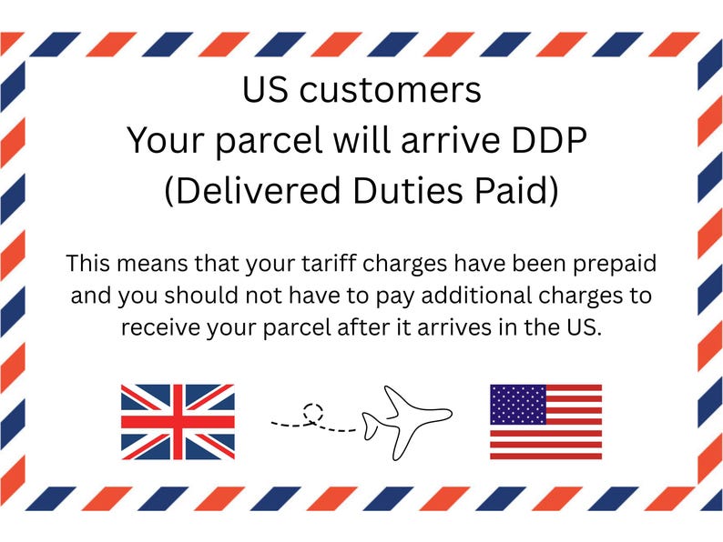 The image is a text-based illustration that provides information about US customers and their parcel deliveries. It states that the parcel will arrive DDP (Delivered Duties Paid) and that the customer's parcel duty charges have been prepaid, so they should not have to pay additional fees to receive their parcel after it arrives in the US.