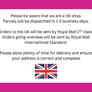 text in a pink background, which appears to be a message or notice about UK postage and delivery services.