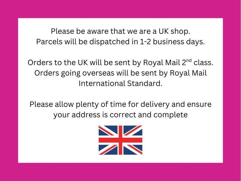 text in a pink background, which appears to be a message or notice about UK postage and delivery services.