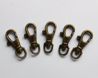 Mini swivel snap hooks - antique brass, 10mm bag strapping, bag chain, bag strap hooks leather bag repairs, bag making hardware, alloy hooks
