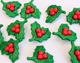 5x Christmas buttons, holly buttons, holly and berry decoration, festive sewing trims, Christmas craft supplies, handmade gift supplies, UK