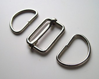 1" Bag slider & D rings set silver, bag making supplies, bag handles, bag strap adjuster, bag making hardware, purse notions, UK SHOP