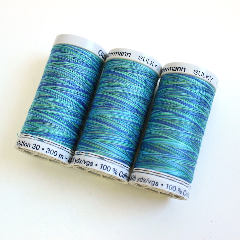 Variegated cotton thread, Gutermann variegated Sulky cotton, multicoloured sewing and embroidery thread, Shade 4016, mermaid thread