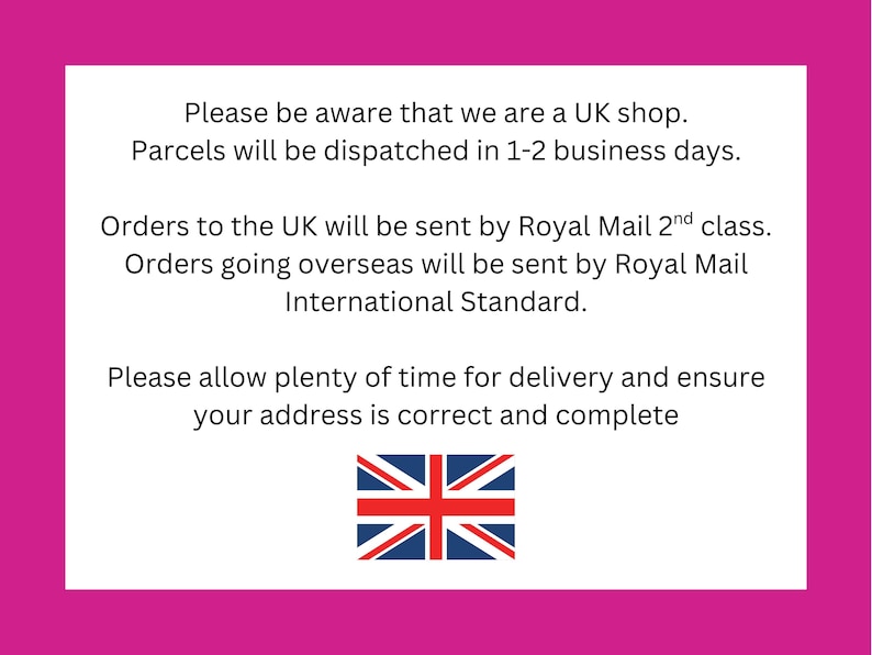 text in a pink background, which appears to be a message or notice about UK postage and delivery services.