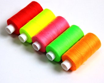 Neon fluorescent threads, sewing threads,bright sewing threads, flo threads, dressmaking supplies, sewing machine thread haberdashery, UK