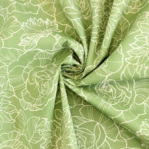 Bold green roses cotton, Rose and Hubble cotton poplin, large print roses cotton fabric for dressmaking and crafts, UK sewing supplies