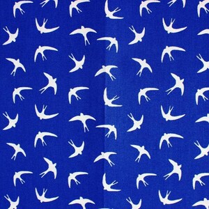 Rose and Hubble poplin cotton, Flying swallows blue cotton fabric, quilting, dressmaking and craft fabric.