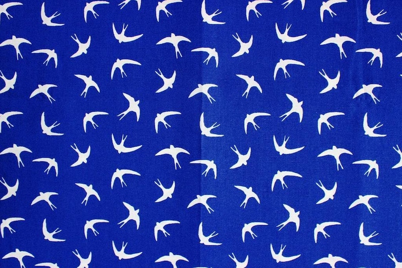 Rose and Hubble poplin cotton, Flying swallows blue cotton fabric, quilting, dressmaking and craft fabric.