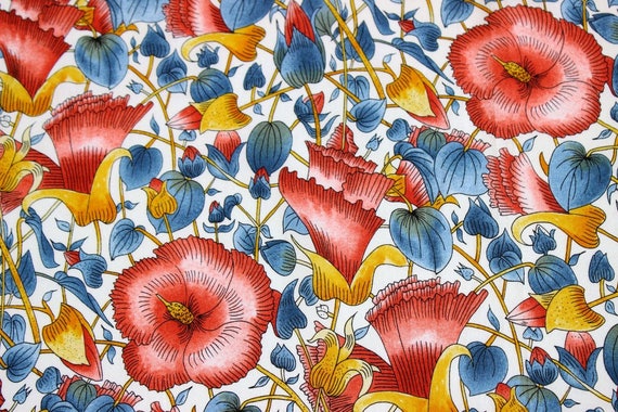 Red Blue Botanical Print Cotton Fabric Red Floral Quilting Etsy