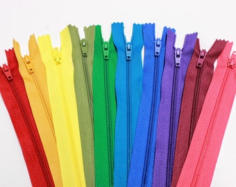 10" zips, 10 inch zips, 25cm bright zips, rainbow zips, assorted zips, bag making supplies, UK haberdashery, sewing shop UK