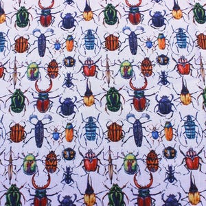 Rose and Hubble cotton fabric, mini beasts insects beetles printed cotton, non-stretch woven cotton, UK sewing supplies dressmaking, bunting