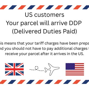 The image is a text-based illustration that provides information about US customers and their parcel deliveries. It states that the parcel will arrive DDP (Delivered Duties Paid) and that the customer's parcel duty charges have been prepaid, so they should not have to pay additional fees to receive their parcel after it arrives in the US.