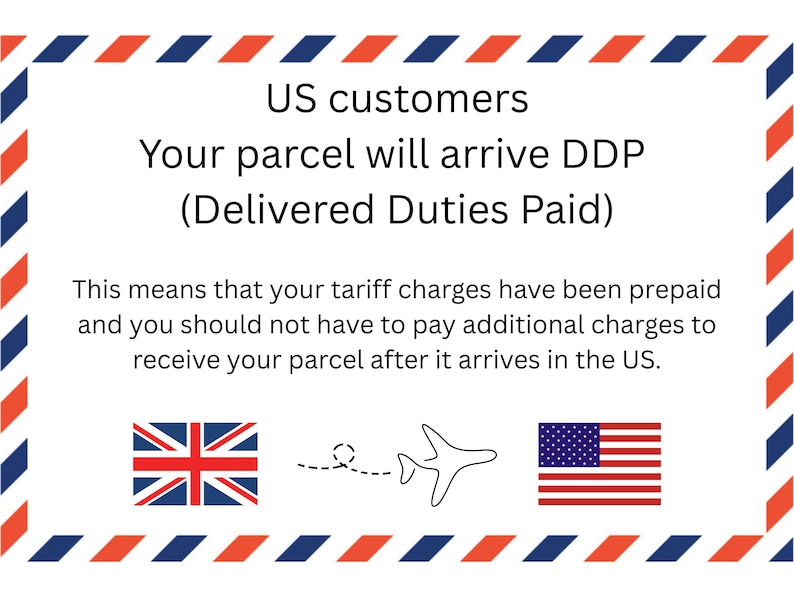 The image is a text-based illustration that provides information about US customers and their parcel deliveries. It states that the parcel will arrive DDP (Delivered Duties Paid) and that the customer's parcel duty charges have been prepaid, so they should not have to pay additional fees to receive their parcel after it arrives in the US.