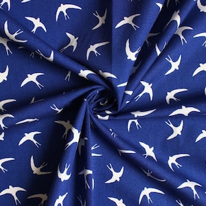 Rose and Hubble poplin cotton, Flying swallows blue cotton fabric, quilting, dressmaking and craft fabric.