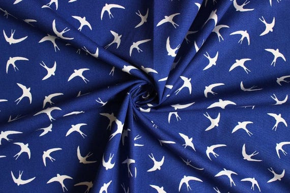 Blue birds fabric, flying birds fabric, swallows fabric, birds quilting and craft fabric, tea dress fabric, Rose and Hubble poplin cotton,UK