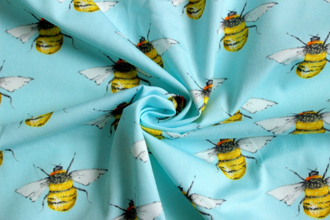 Bees Fabric Sky Blue Bumble Bee Cotton Fabric Bees Quilting Etsy