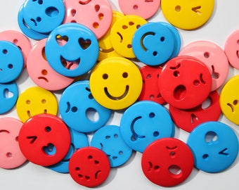 Smiley face buttons, emoji buttons, emoticon buttons, 25x novelty buttons, scrap booking love heart emoji facebook buttons, UK supplies shop