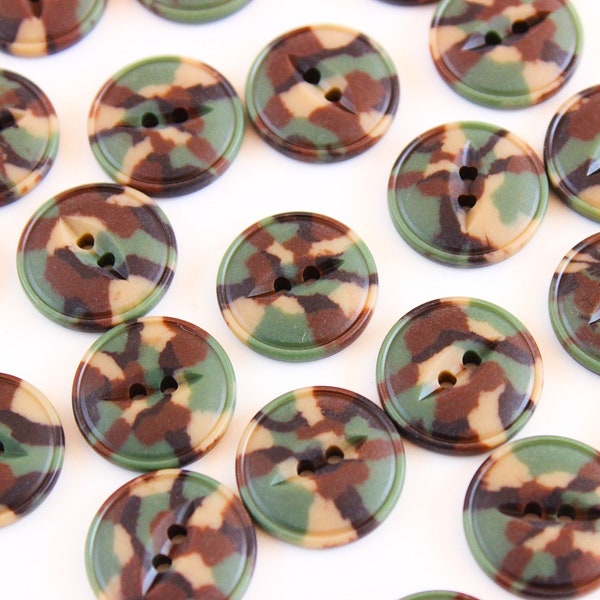 Camo pattern buttons, camouflage print buttons, brown green buttons,army fatigues buttons, clothing repair and upcycle supplies, UK sewing