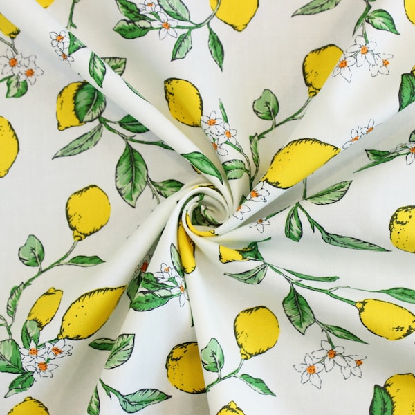 lemons cotton fabric, botanical lemon cotton poplin fabric, Rose and Hubble cotton, fresh summer print cotton, quilting crafting fabric UK