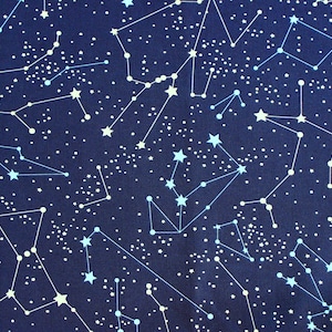Puede incluir: Tela azul oscuro con un patrón celestial que presenta constelaciones y estrellas en blanco y azul claro. El diseño incluye puntos conectados que forman patrones de estrellas, con puntos blancos más pequeños dispersos que se asemejan a estrellas.