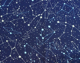 Tkanina bawełniana z motywem gwiazd i konstelacji, 100% bawełny, bawełna z nadrukiem znaków zodiaku, granatowe gwiazdy Rose i Hubble'a, brytyjska tkanina popelinowa z motywem astronomii i niebios