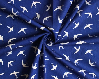Blue birds fabric, flying birds fabric, swallows fabric, birds quilting and craft fabric, tea dress fabric, Rose and Hubble poplin cotton,UK