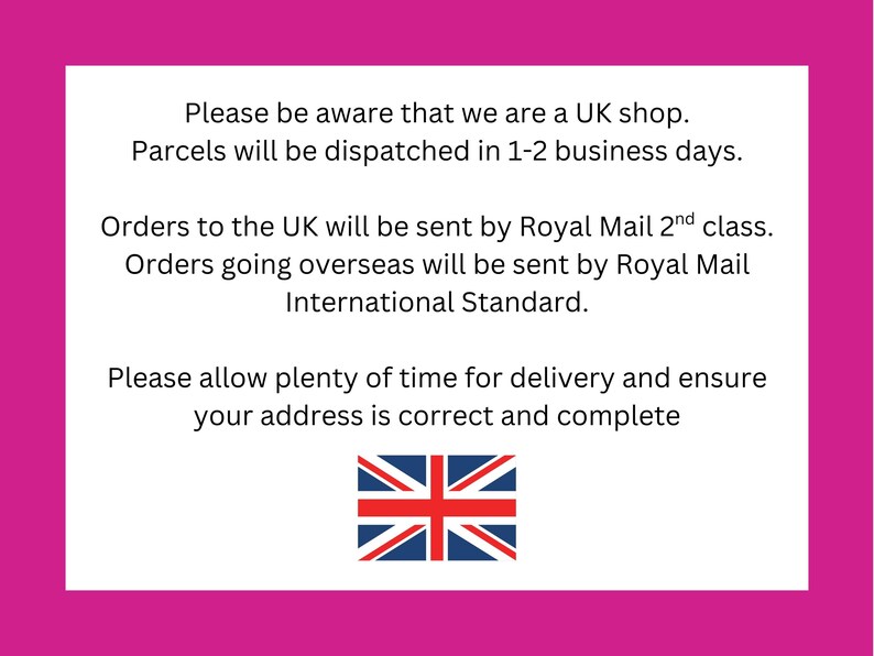 text in a pink background, which appears to be a message or notice about UK postage and delivery services.