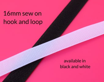 sew on hook and loop tape, 16mm width touch and close fastening, black and white sew in hook and loop tape, UK dressmaking supplies