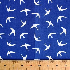 Rose and Hubble poplin cotton, Flying swallows blue cotton fabric, quilting, dressmaking and craft fabric.