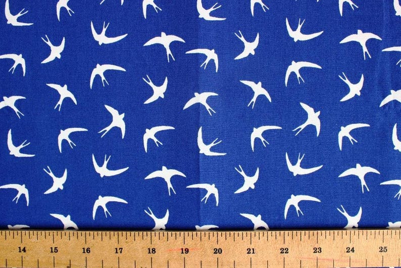 Rose and Hubble poplin cotton, Flying swallows blue cotton fabric, quilting, dressmaking and craft fabric.