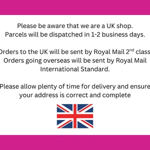 text in a pink background, which appears to be a message or notice about UK postage and delivery services.