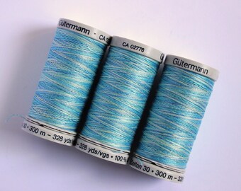 Mermaid  blue cotton thread, sky blue variegated Sulky cotton, sky blue sewing and embroidery thread, Shade 4014, multi coloured thread