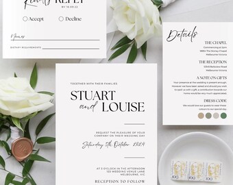 Puede incluir: Juego de invitaciones de boda con tarjetas blancas, escritura negra elegante y detalles florales. Incluye tarjetas RSVP, detalles e invitación. Presenta un sello de cera y sellos. El tema general es una boda clásica y formal.