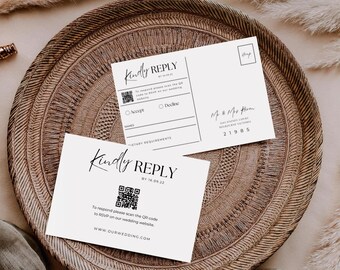 QR Code RSVP Postcard, Editable Wedding Response Card, Minimalist Digital Download, Modern Invitation Insert - MP005