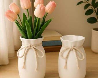 White Plastic Vase with Rope Bow | Nordic Minimalist Home Decor