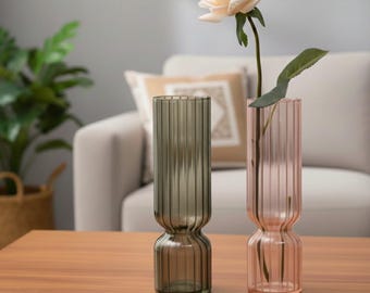 Modern Glass Flower Vase Nordic Striped Black Rose Gold Decorative Vase for Home Office Table Centerpiece Tall Hydroponic Vase 20cm