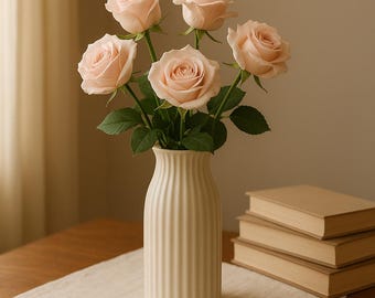 White Ribbed plastic Vase for Flowers|Minimalist Tall | Home Decor Accent